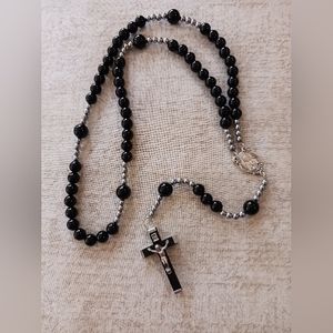 New, Beaded Rosary black and silver. 24 inch neck loop
